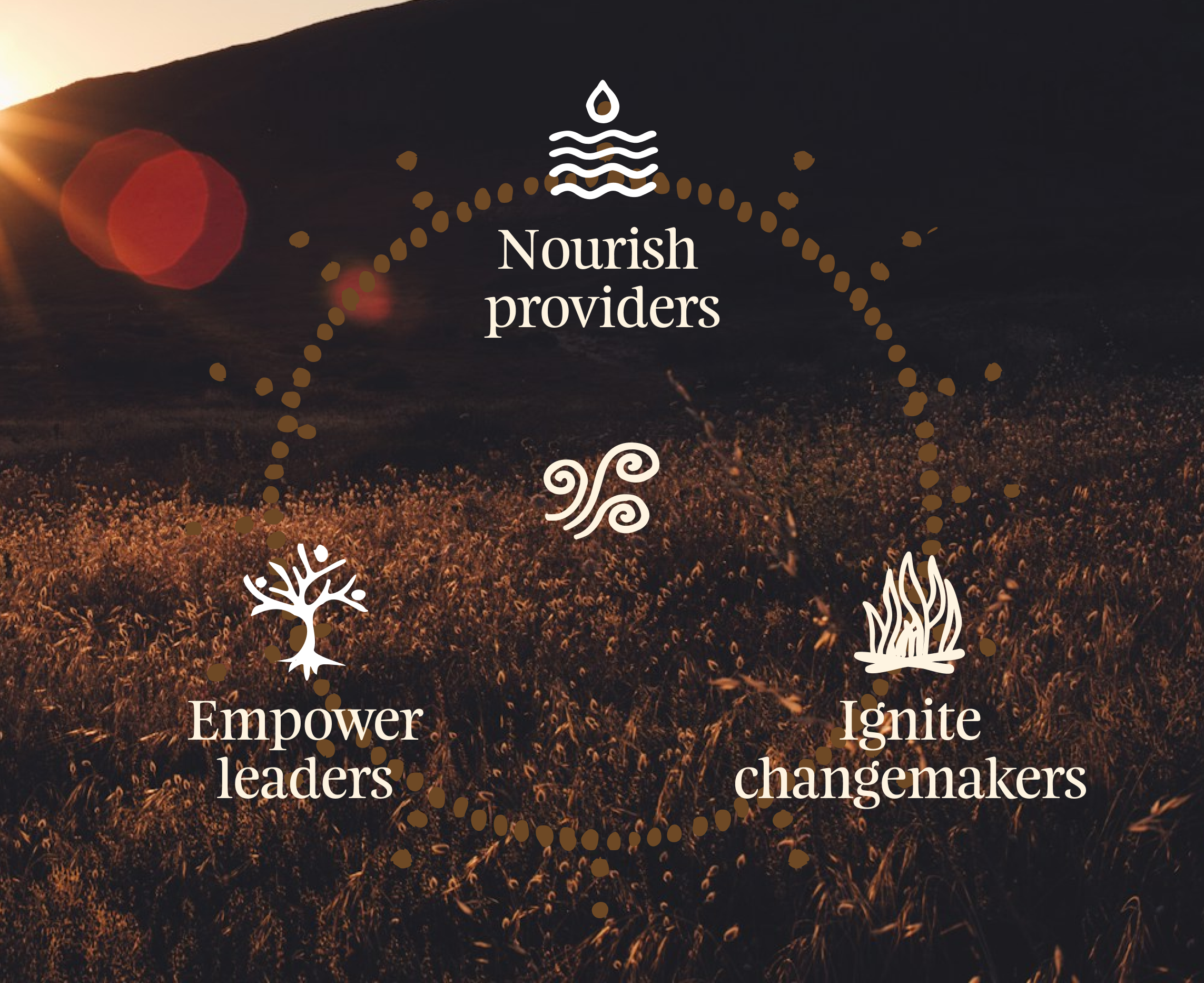A sunset over a field of grass behind a graphic of circle of yellow dots surrounded by three icons: A tree with 'Empower leaders,'  water with 'Nourish providers' and  fire with 'Ignite changemakers.' In the center is a spiral of air icon.