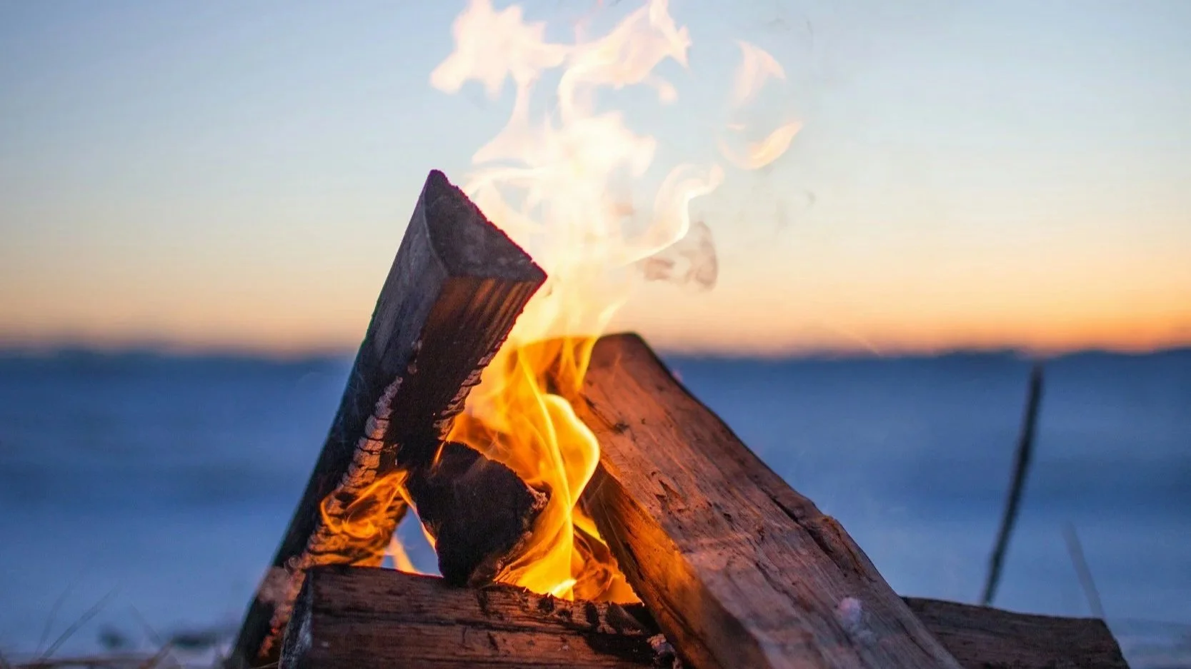 A campfire with burning logs and flames at sunset, with a blurred horizon and water in the background.
