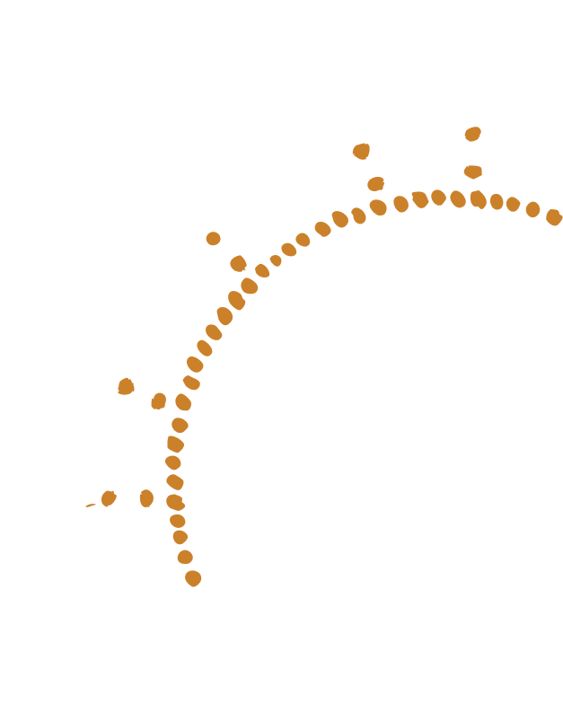 An abstract design featuring a large, incomplete circle opening to the bottom right, made of small yellow dots on a beige background.