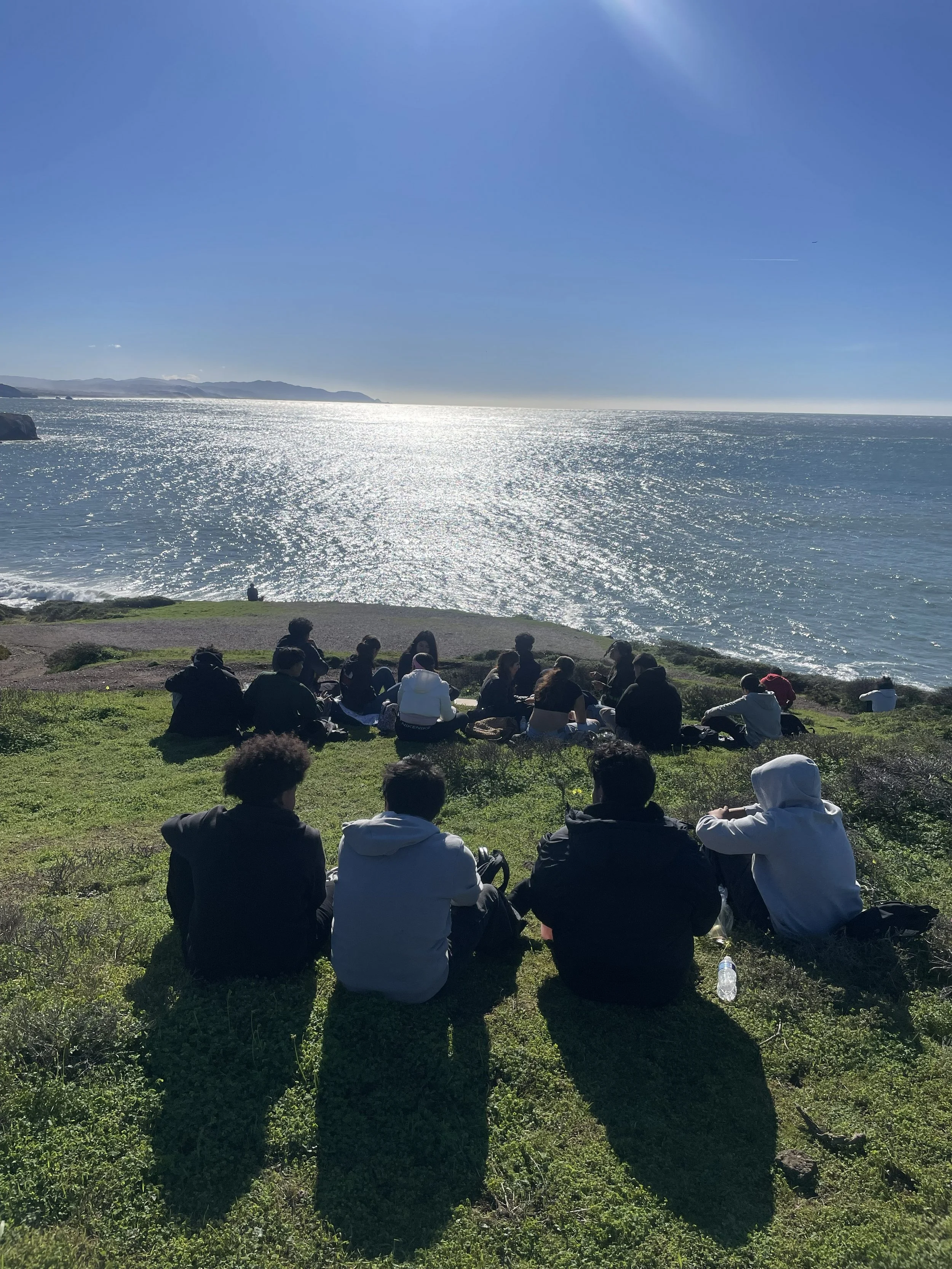Group of teenagers, with their backs to the camera, sitting on sloping grass, looking out over the ocean, with the sunlight reflecting off the surface. 