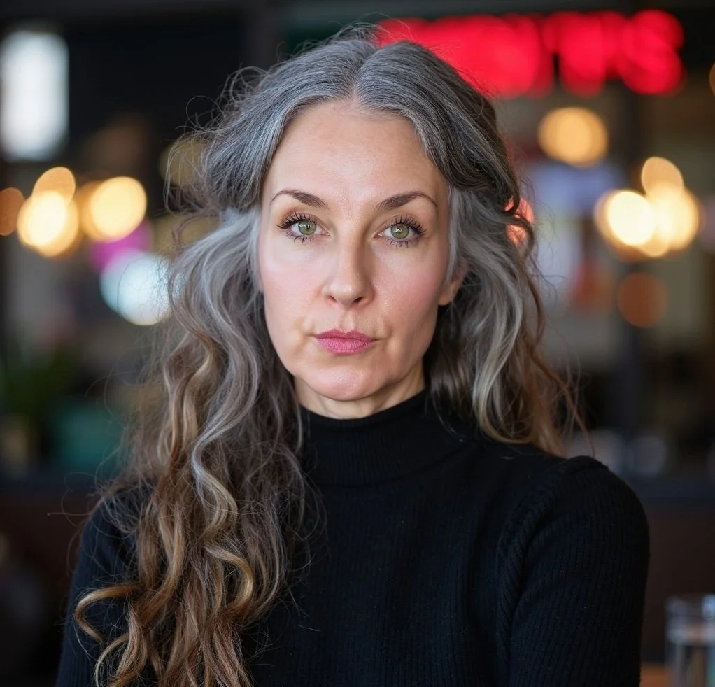A woman with long, wavy gray hair and green eyes looking directly at the camera, wearing a black turtleneck sweater, with blurred colorful lights in the background.
