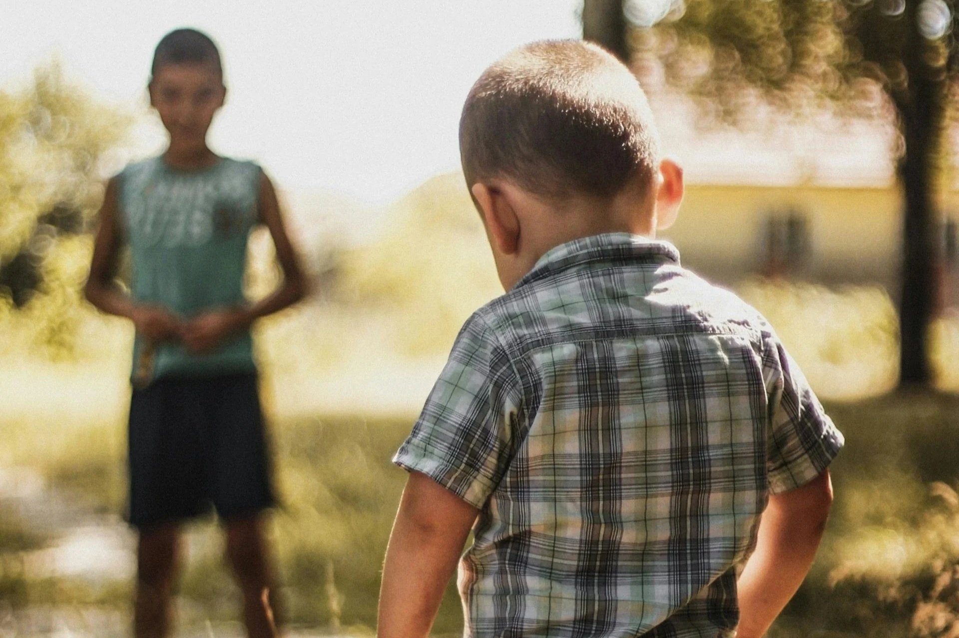 Two boys playing in the woods.