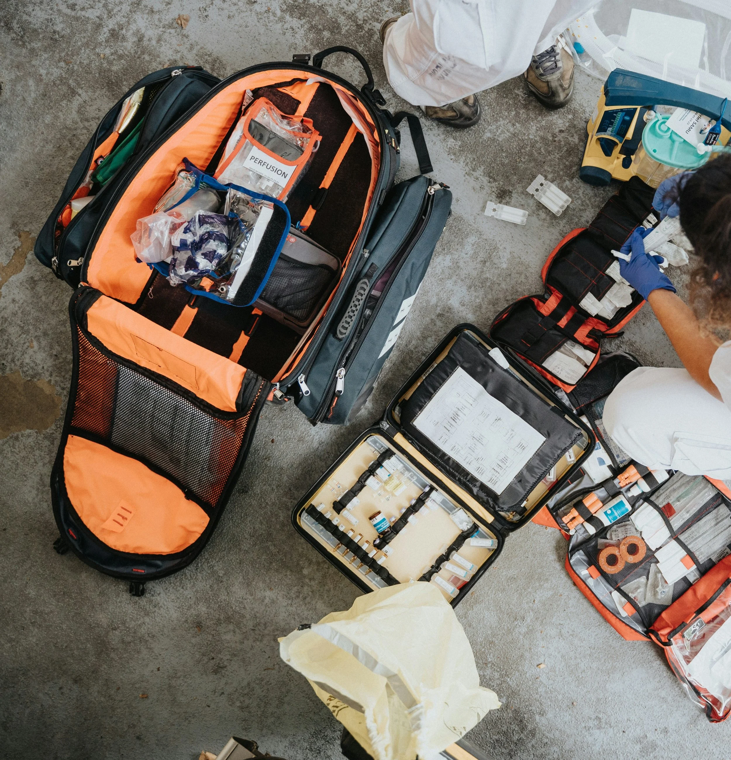 Fully stocked BLS medical kit prepared for event medical standby and emergency response by licensed EMTs.