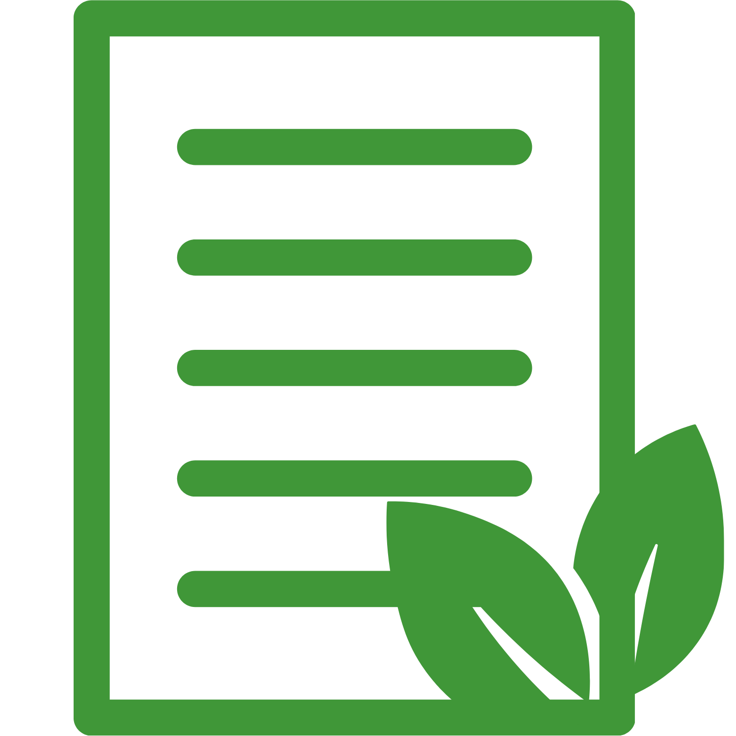 Green document icon with lines representing text and two leaves at the bottom right corner.