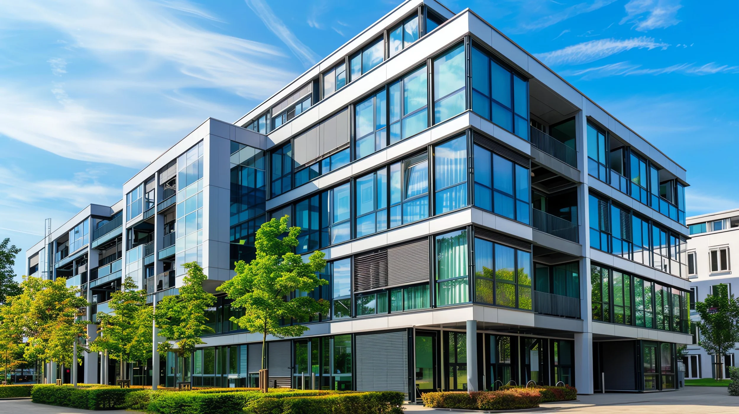 Modern multi-story glass office building with trees and a blue sky in the background.