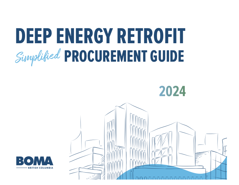 Cover page of the Deep Energy Retrofit Simplified Procurement Guide for 2024, featuring an outline sketch of a city skyline and the BOMA British Columbia logo.