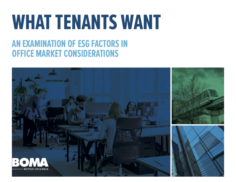 Cover page featuring the title 'What Tenants Want' and subtitle 'An Examination of ESG Factors in Office Market Considerations,' with images of a busy office, a train, and modern glass skyscrapers.