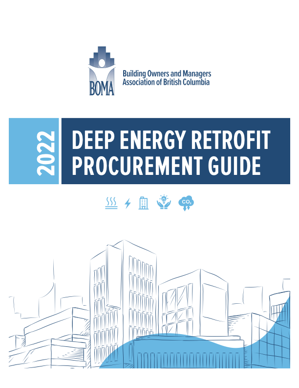 Cover page of the 2022 Deep Energy Retrofit Procurement Guide published by the Building Owners and Managers Association of British Columbia, featuring a line drawing of city buildings and energy icons.