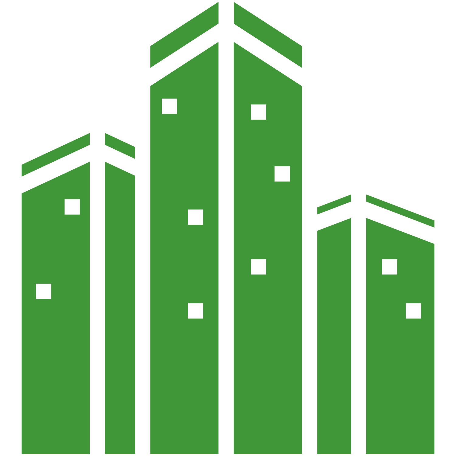 Icon of green skyscrapers with black outlines.
