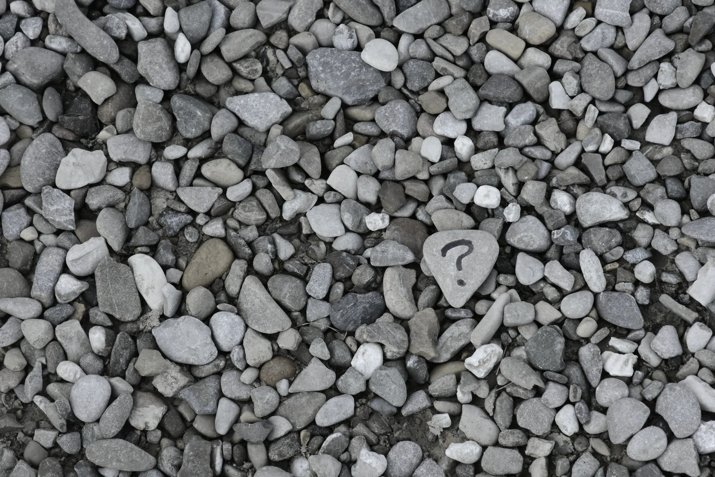 A collection of small gray and white pebbles with a single pebble in the center having a question mark written on it.
