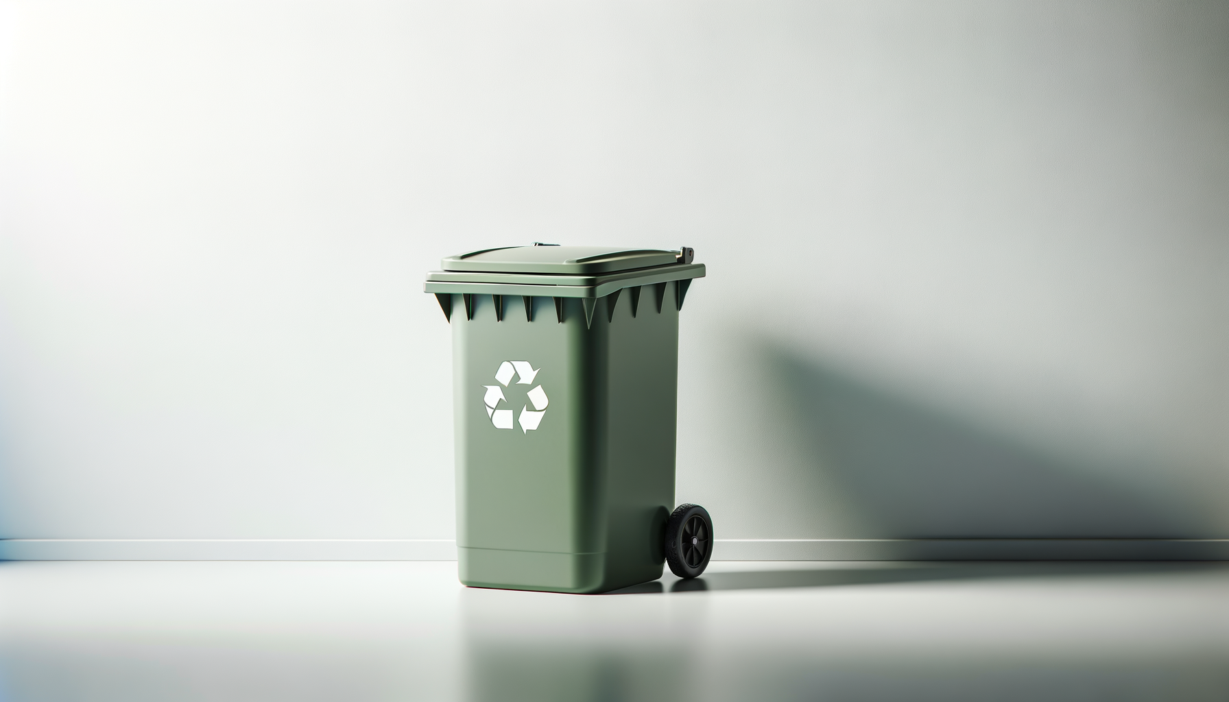 Green recycling bin with lid and wheels standing against a plain wall.
