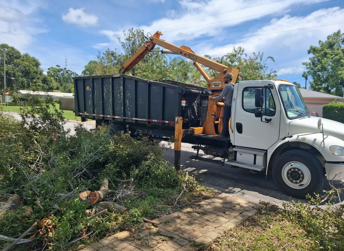 A worker operating a small bulldozer attached to a white truck clearing debris and small tree branches from a roadside area.