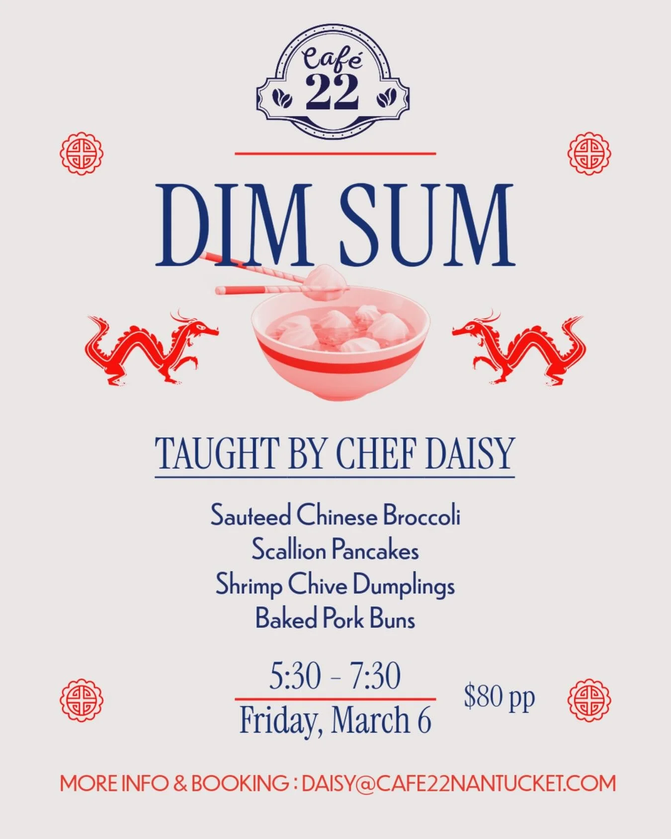 Come join us this Friday for our Dim Sum class! In this class we bring classic dim sum flavors to Nantucket. Guests will learn to fold dumplings properly, laminate scallion pancakes, and make fool proof char siu (chinese barbecued pork). This will be