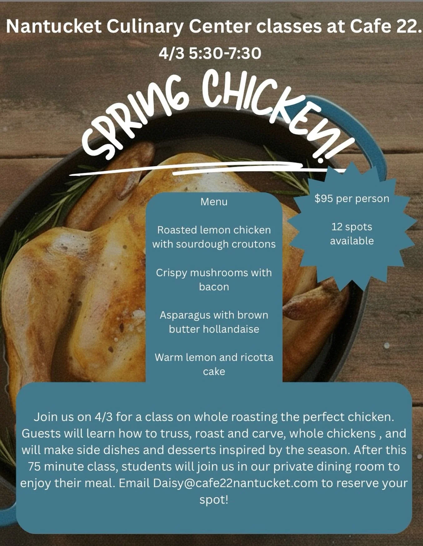 Join us on Friday for our next class, email daisy@cafe22nantucket.com to reserve your spot!