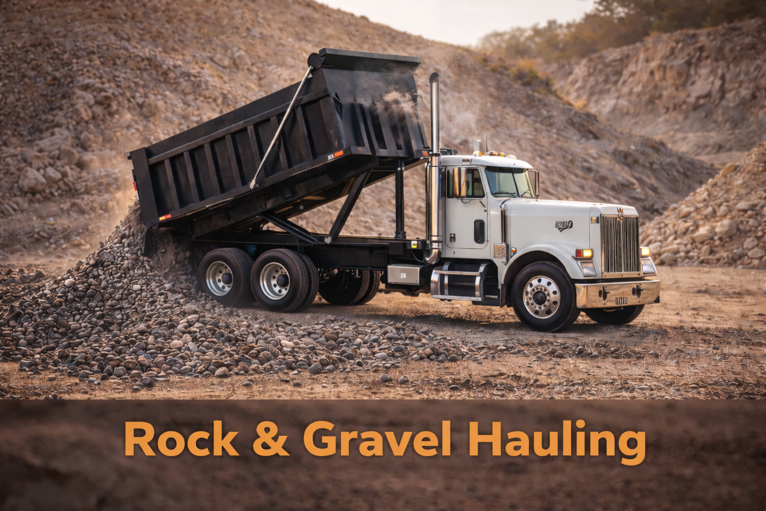 White dump truck with a raised black bed unloading rock and gravel at a quarry, providing rock and gravel hauling services in Northwest Arkansas. Serving Bentonville, Rogers, Springdale, and Fayetteville