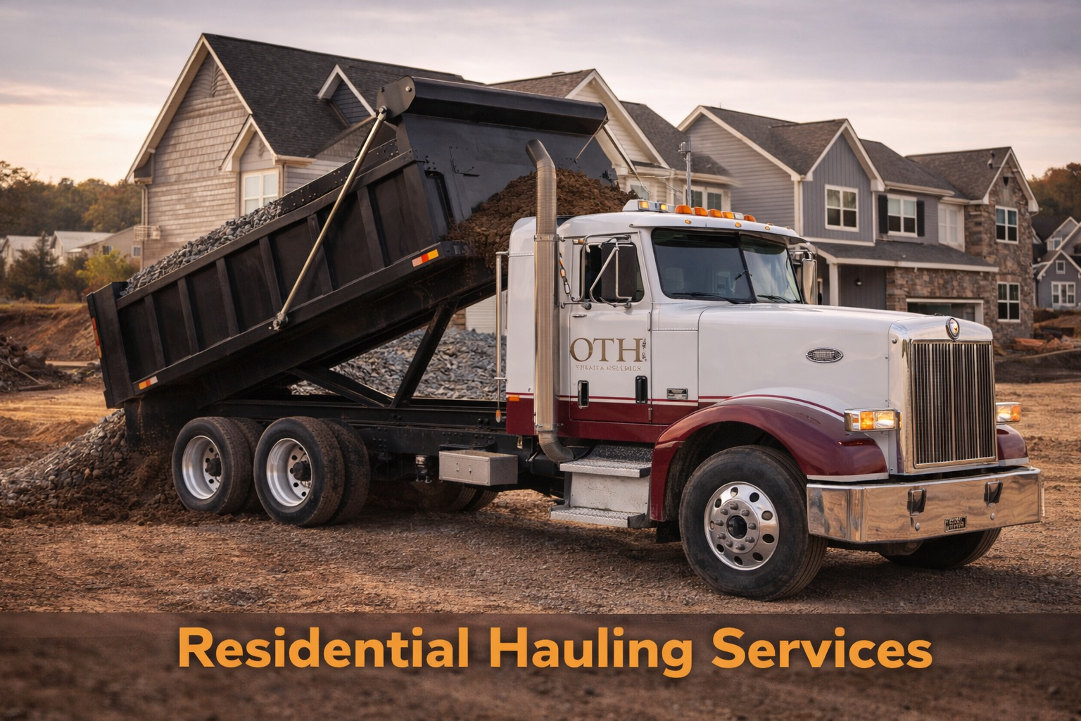 White and maroon dump truck unloading material at a residential construction site, providing residential hauling services for homes and property projects in Northwest Arkansas. Serving Bentonville, Rogers, Springdale, and Fayetteville.