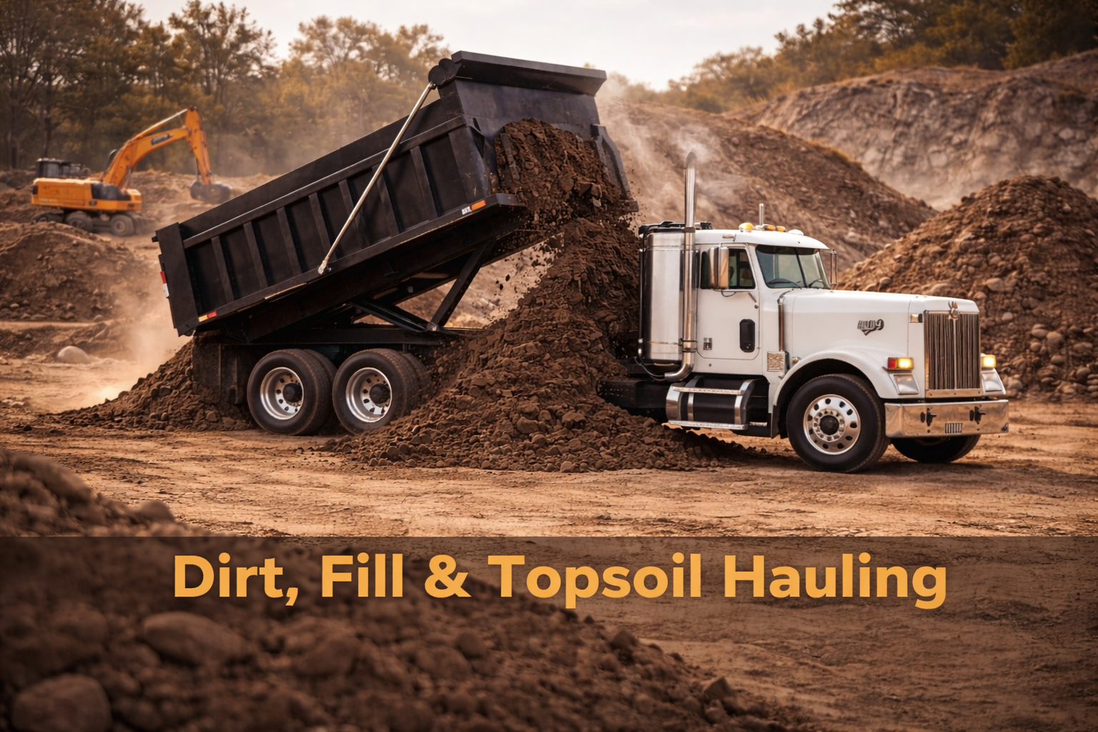 White dump truck unloading dirt and topsoil at a construction site, demonstrating dirt, fill, and topsoil hauling services for land and site preparation in Northwest Arkansas. Serving Bentonville, Rogers, Springdale, and Fayetteville.