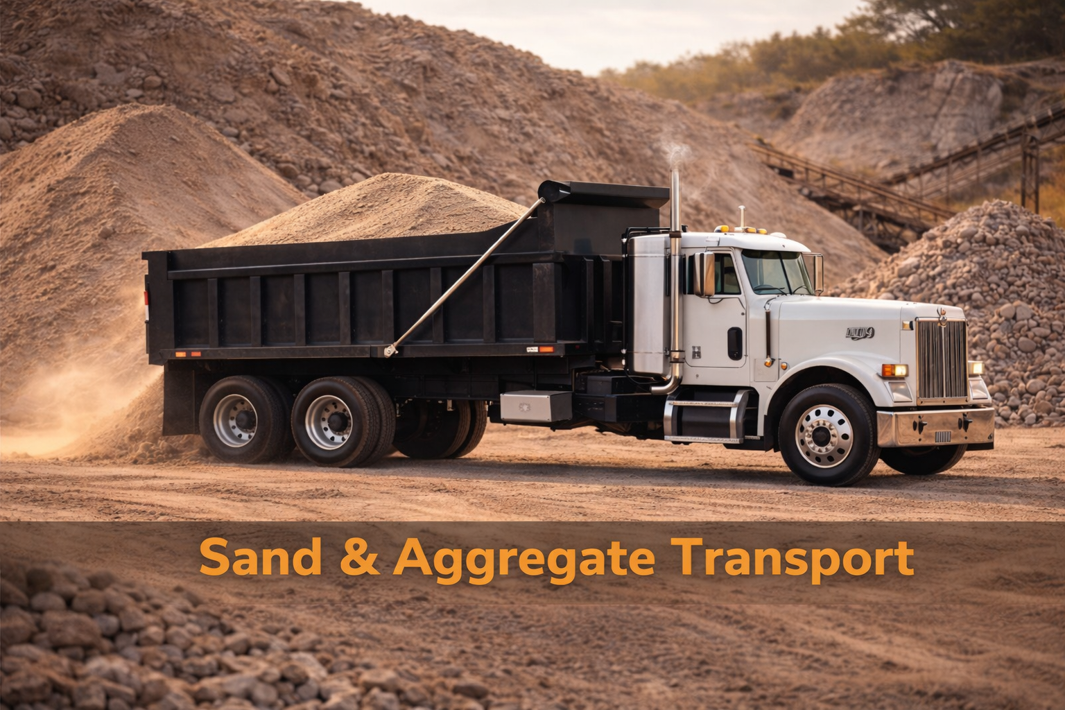 White dump truck with a black bed transporting sand and aggregate at a quarry site, showing professional sand and aggregate hauling services  in Northwest Arkansas. Serving Bentonville, Rogers, Springdale, and Fayetteville.