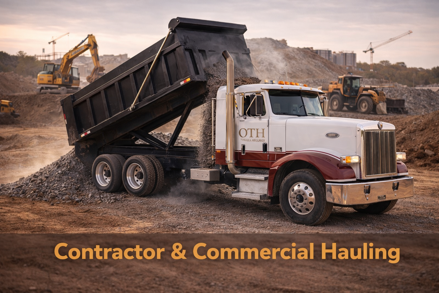 Branded dump truck unloading aggregate at a commercial construction site with heavy equipment, representing contractor and commercial hauling services in Northwest Arkansas. Serving Bentonville, Rogers, Springdale, and Fayetteville.