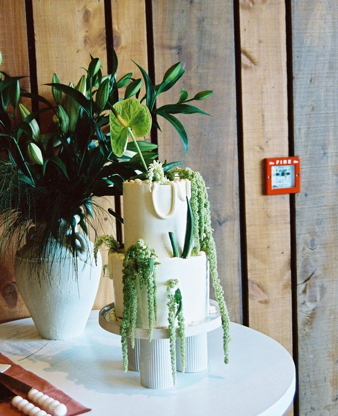 A white, two-tiered cake decorated with green plants, draping green string-like decorations, and positioned next to a large potted plant on a white round table. In the background, a red fire alarm box is mounted on a wooden wall.