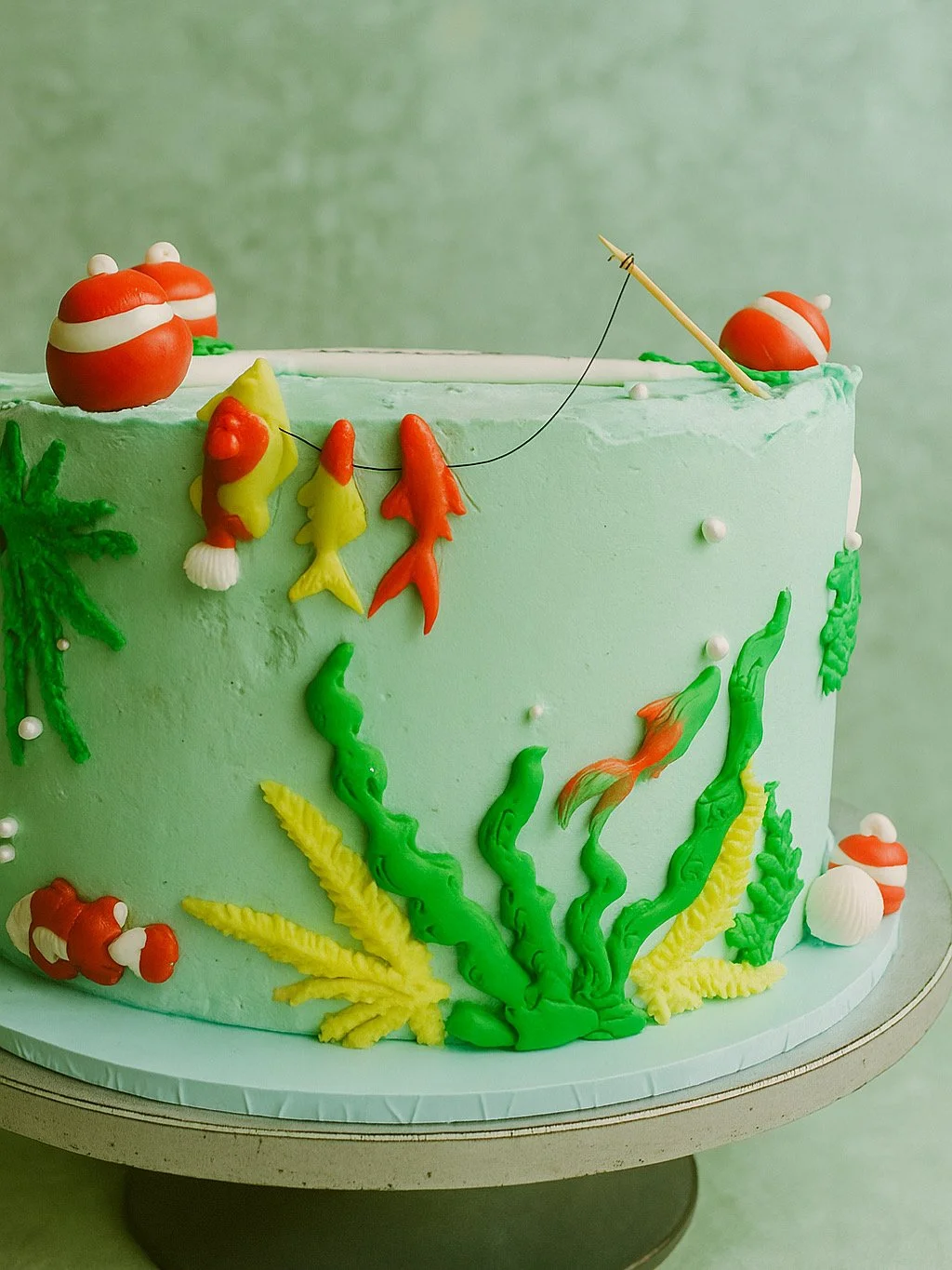 Cake decorated with edible seaweed, fish, and clownfish to resemble an underwater scene.