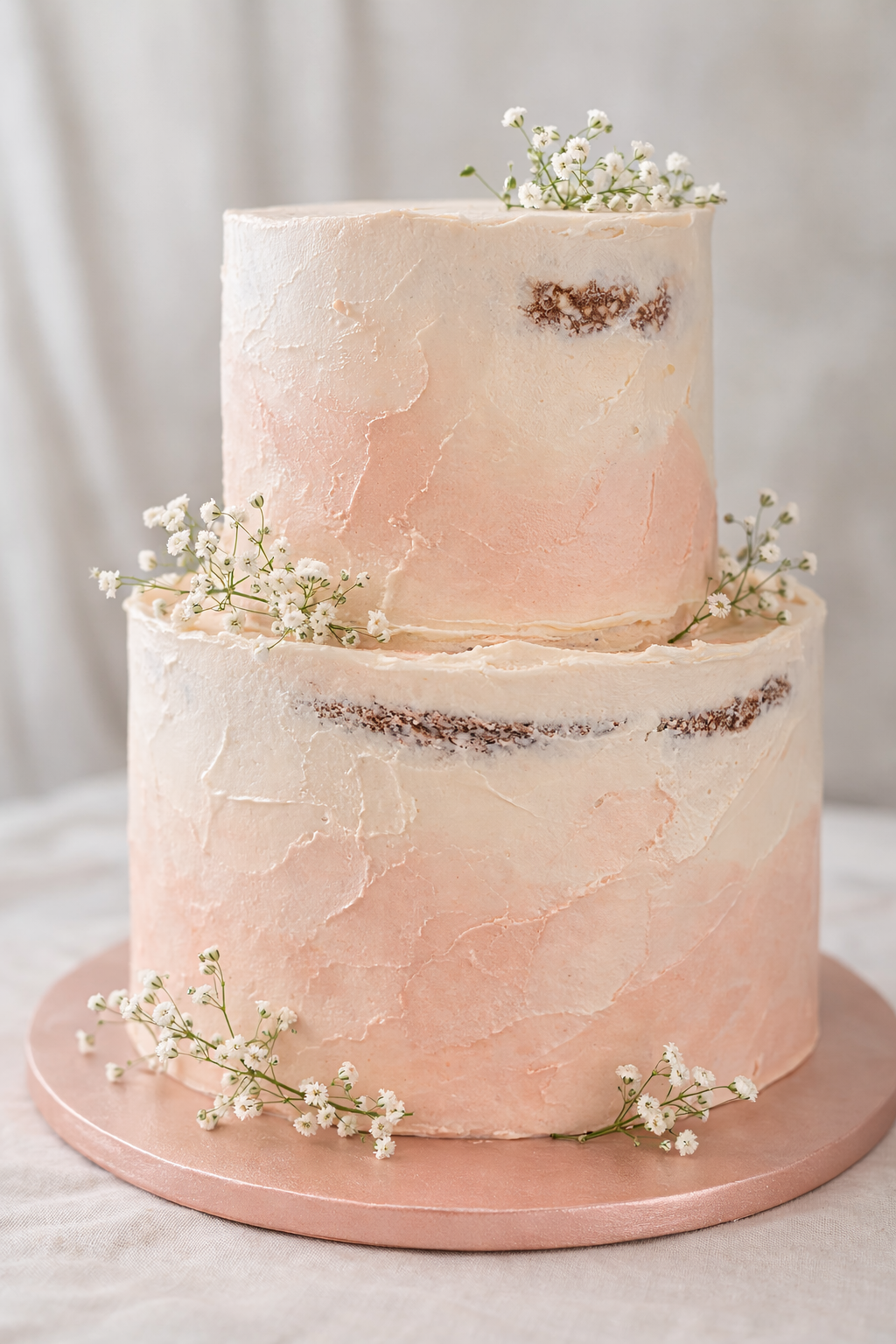 A two-tier pink and white marbled frosted cake decorated with small white flowers.