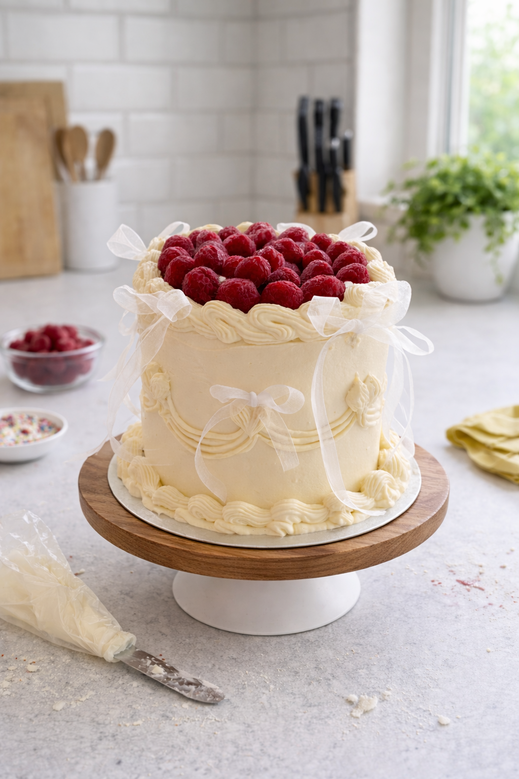 A vanilla cake decorated with raspberries and white ribbons on a wooden cake stand in a bright kitchen.