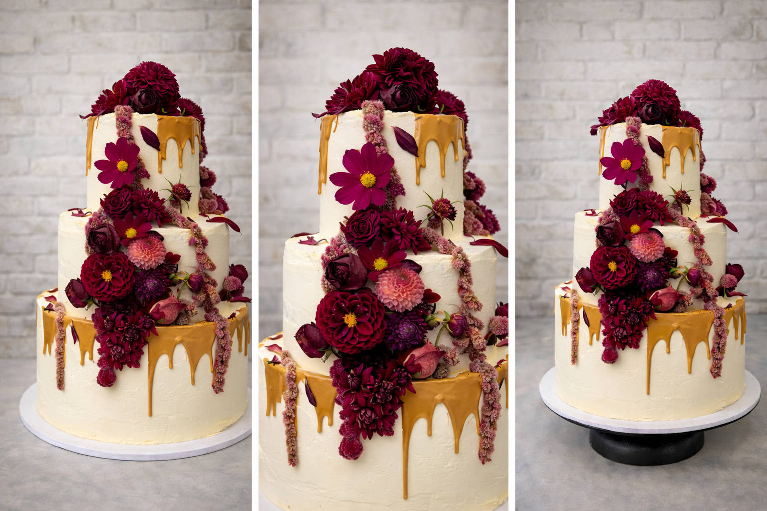 Three views of a three-tiered white wedding cake decorated with dark red, pink, and purple flowers, with gold dripping icing, placed on a white cake board against a brick wall background.