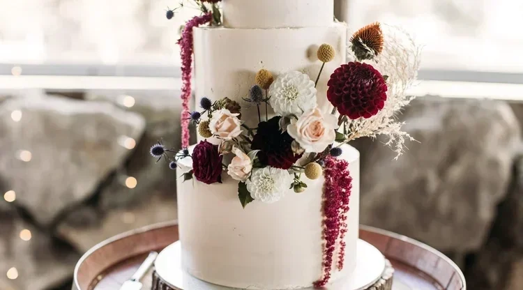 A three-tiered white wedding cake decorated with fresh flowers and berries, placed on a round wooden table.