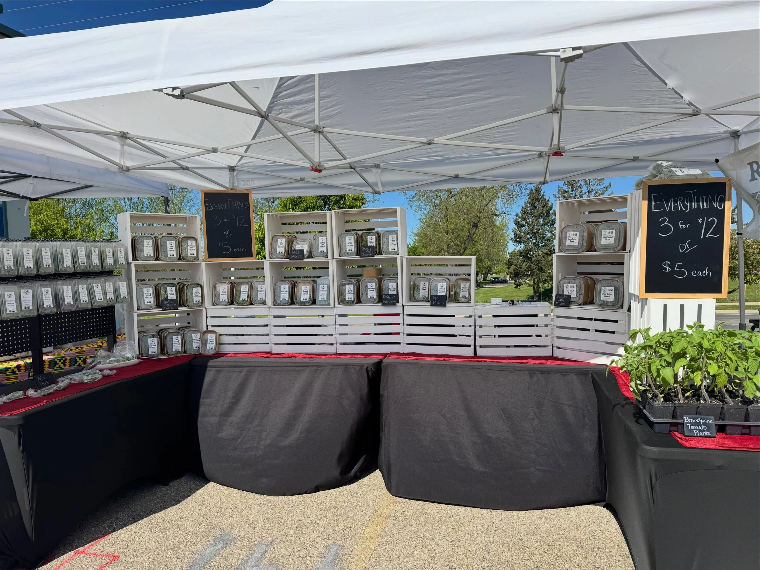 Had to tap into my creativity to get set up today.

The sun was shining bright - right onto all our produce. 😣

We moved things around a few times before I realized that putting an empty crate below raised each full crate out of the sun.☀️ 

One of 