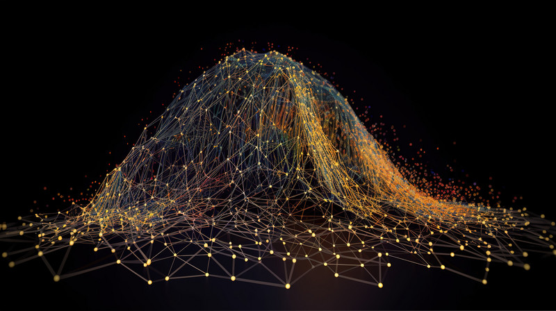 Digital visualization of a 3D data landscape with interconnected points and lines forming a mountainous terrain against a black background.