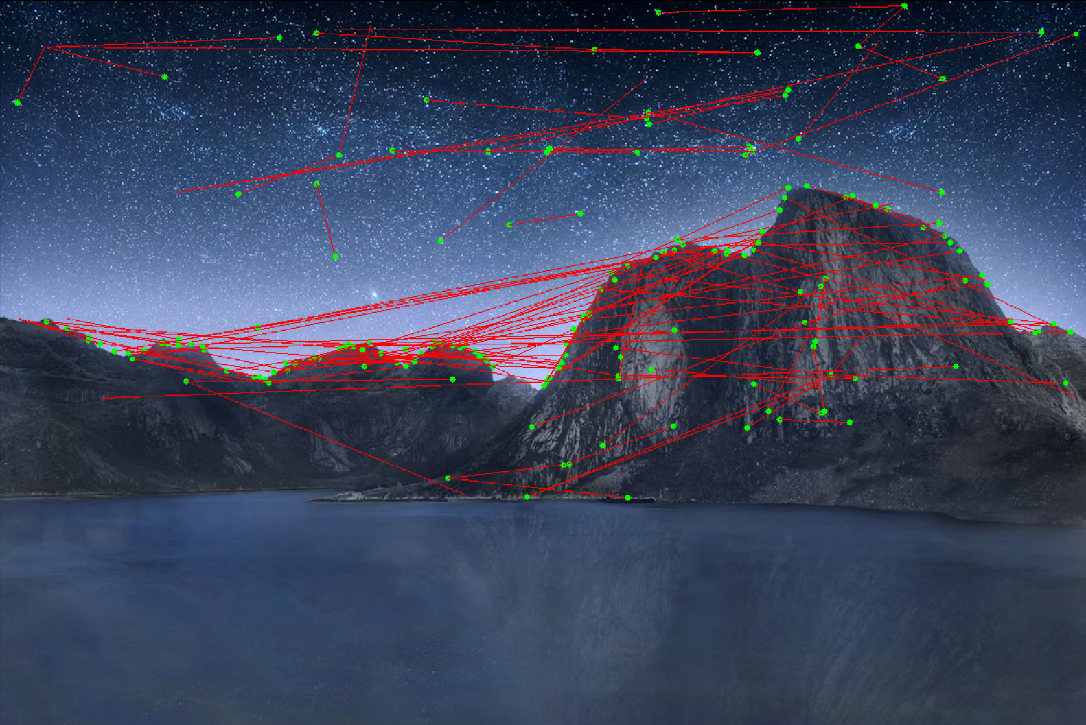 Night sky over mountains and lake, with constellations and star map overlay marked with green dots and red lines analyzing image for generative AI and photoshop