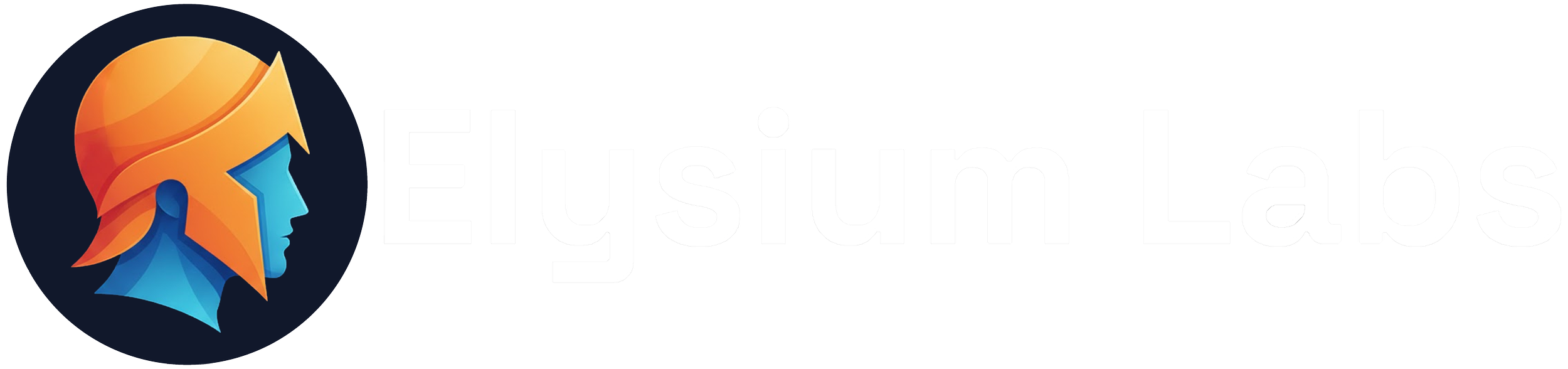 Logo for Elysium Labs featuring a stylized side profile of a man's face with an orange helmet and a blue face against a dark circular background, with the text 'Elysium Labs' next to it.