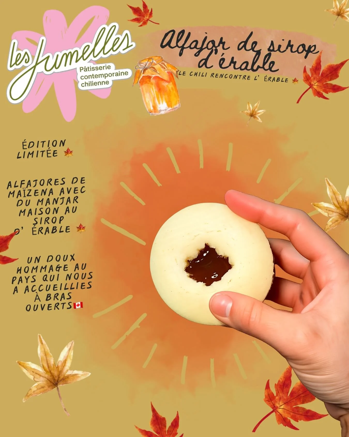 Chili 🤝 Qu&eacute;bec
Alfajores de ma&iuml;zena avec du manjar au sirop d&rsquo;&eacute;rable.
Deux pays diff&eacute;rents, unis par la douceur.

Chile 🤝 Qu&eacute;bec
Cornstarch alfajores with maple caramel filling.
Two different countries, united