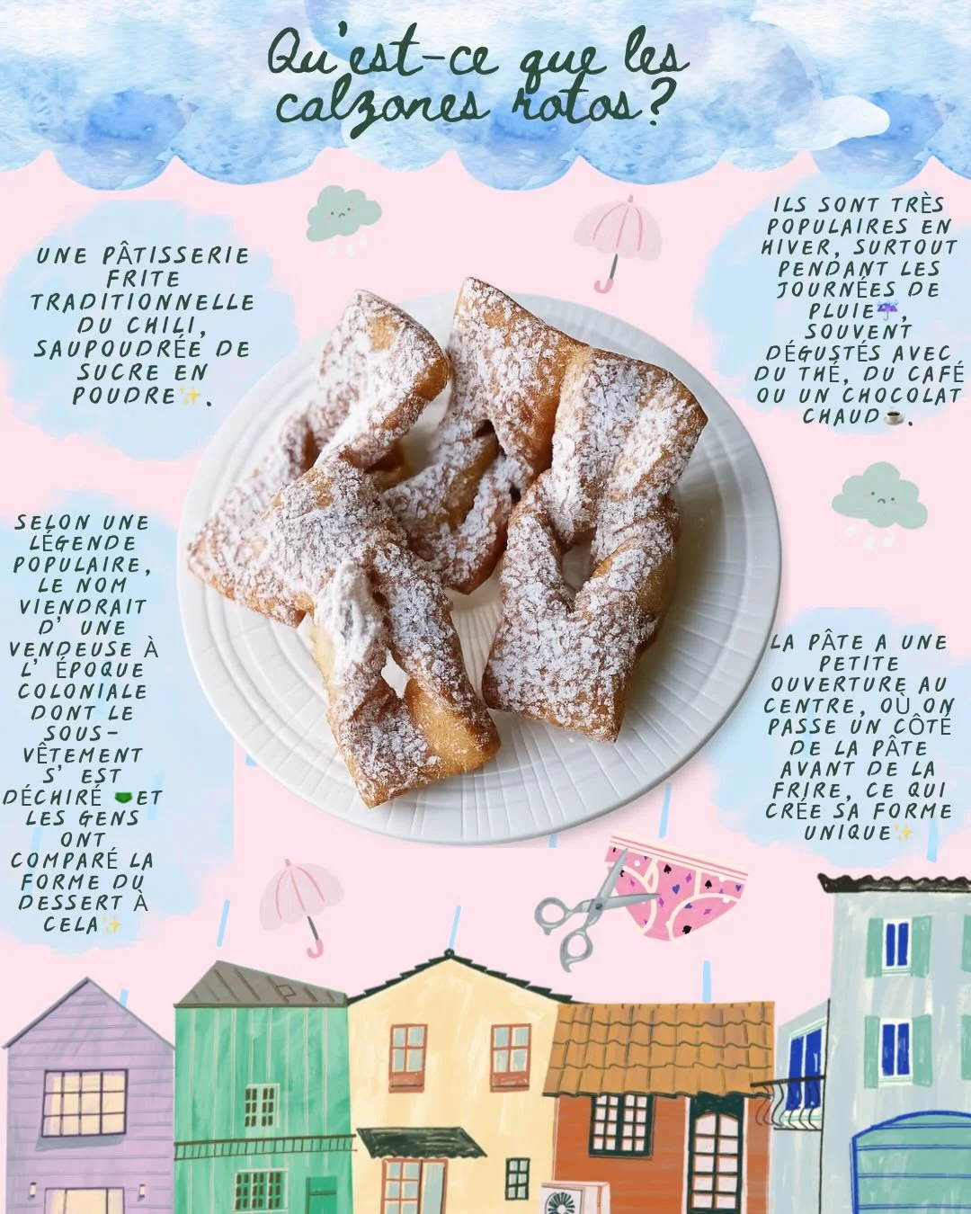 Quand il pleut au Chili, il y a quelque chose qui ne peut pas manquer :
des calzones rotos fra&icirc;chement faits, l&rsquo;odeur dans la cuisine et la grand-maman qui dit &laquo; le petit th&eacute; est pr&ecirc;t &raquo; ☕️🤍
Et toi, aimerais-tu le
