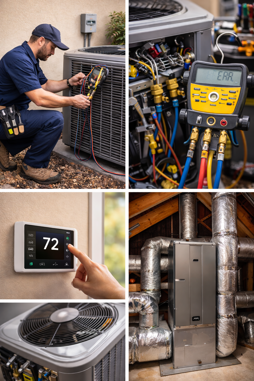 Top left: a technician wearing a navy uniform and cap is working on an air conditioning unit outside, using a multimeter. Top right: close-up of a multimeter measuring electrical components inside an HVAC system. Bottom left: a digital thermostat displaying 72 degrees being operated by a finger. Bottom right: a HVAC system in a utility room with silver insulated pipes and an electrical panel mounted on the wall.