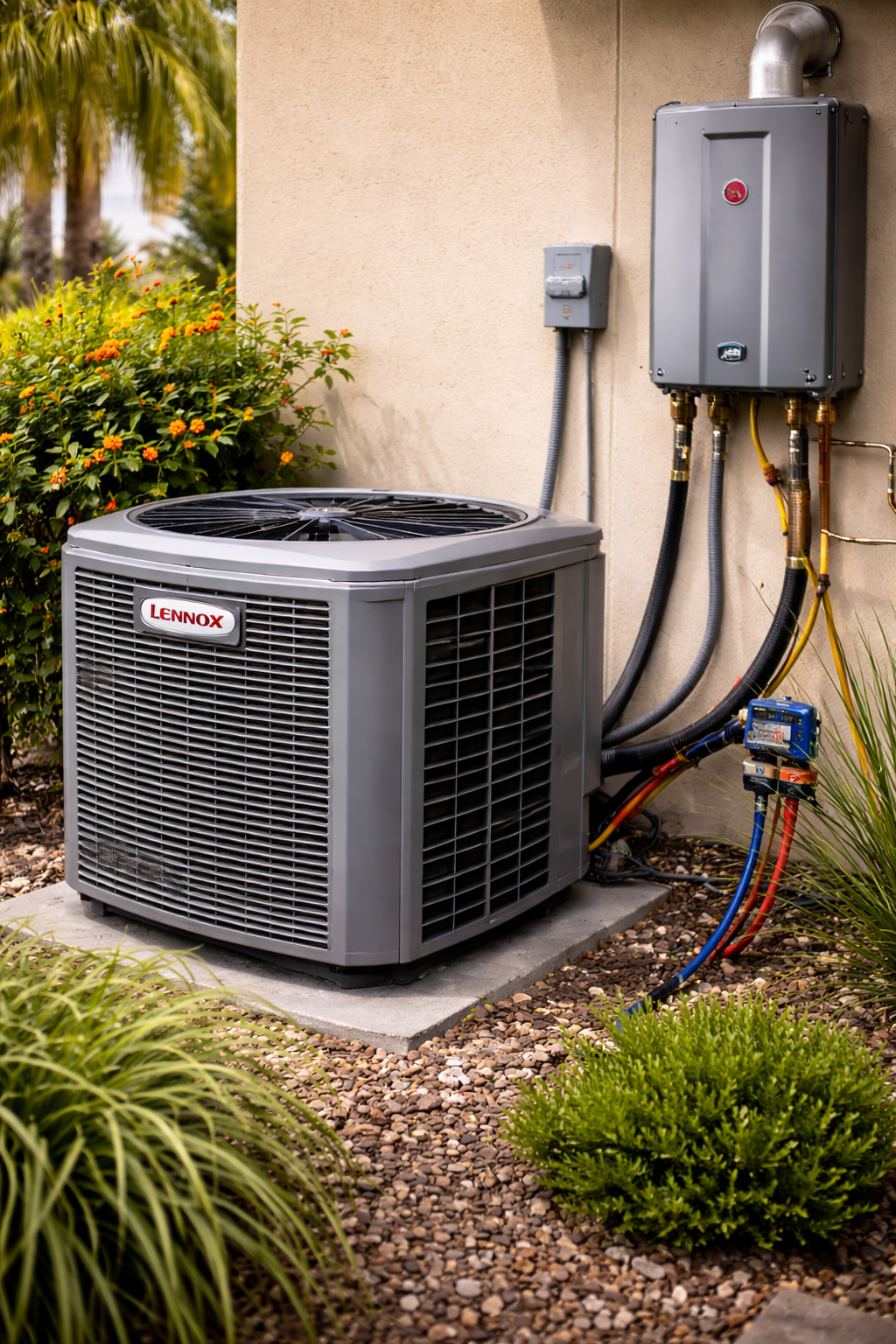 An outdoor HVAC unit labeled 'Lennox' with ductwork and electrical connections, next to a beige wall and landscaping plants.