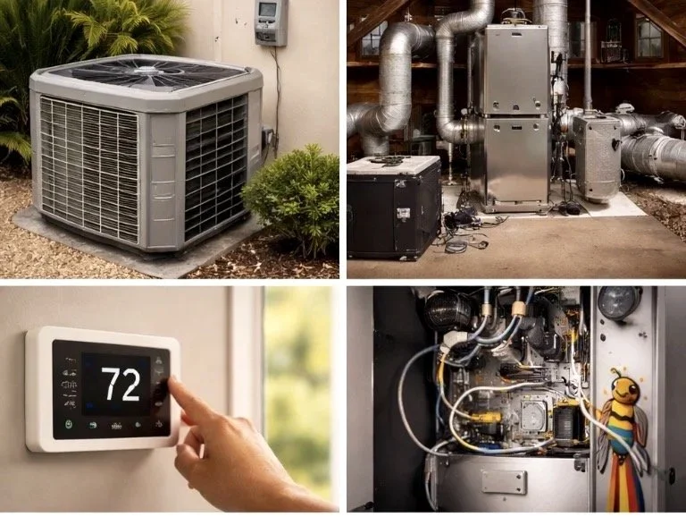 A collage of four different HVAC and climate control images: 1) outdoor air conditioning unit, 2) commercial heating and ventilation system with ductwork, 3) thermostat displaying 72 degrees, 4) internal view of HVAC equipment with wiring and a decorative bee magnet.