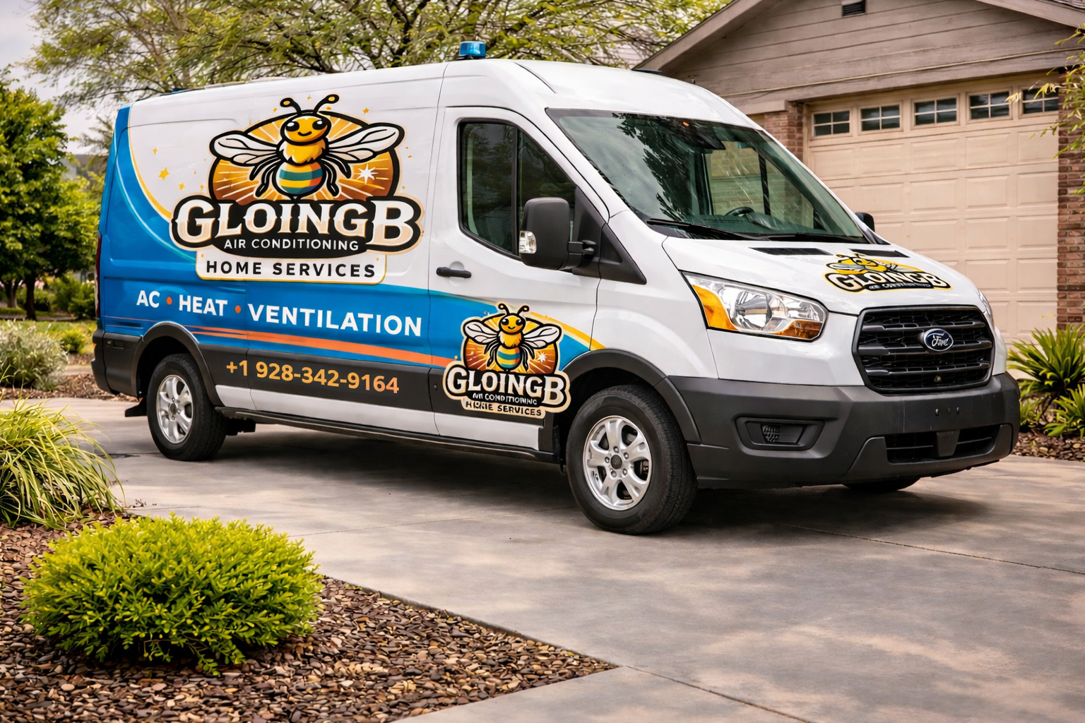 Service van parked in driveway advertising Gloing B Air Conditioning Home Services, including AC, heat, and ventilation, with a logo of a smiling bee and contact number +1 928-342-9164.