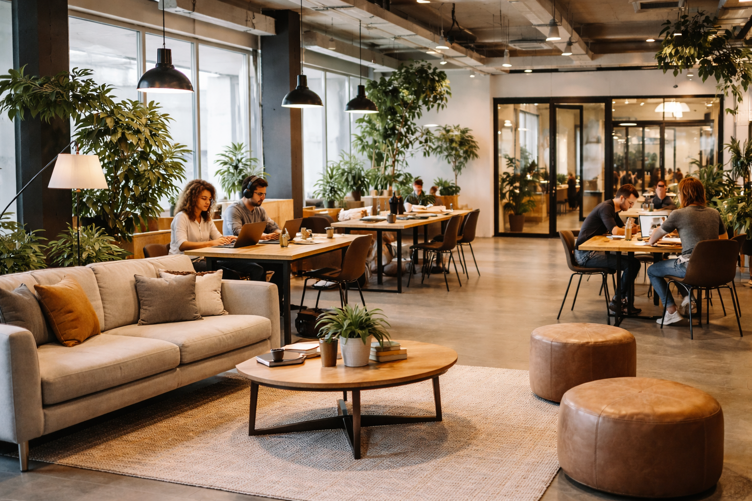 Interior of a modern coworking space or cafe with people working on laptops at tables, surrounded by large plants, with a beige sofa and coffee table in the foreground.