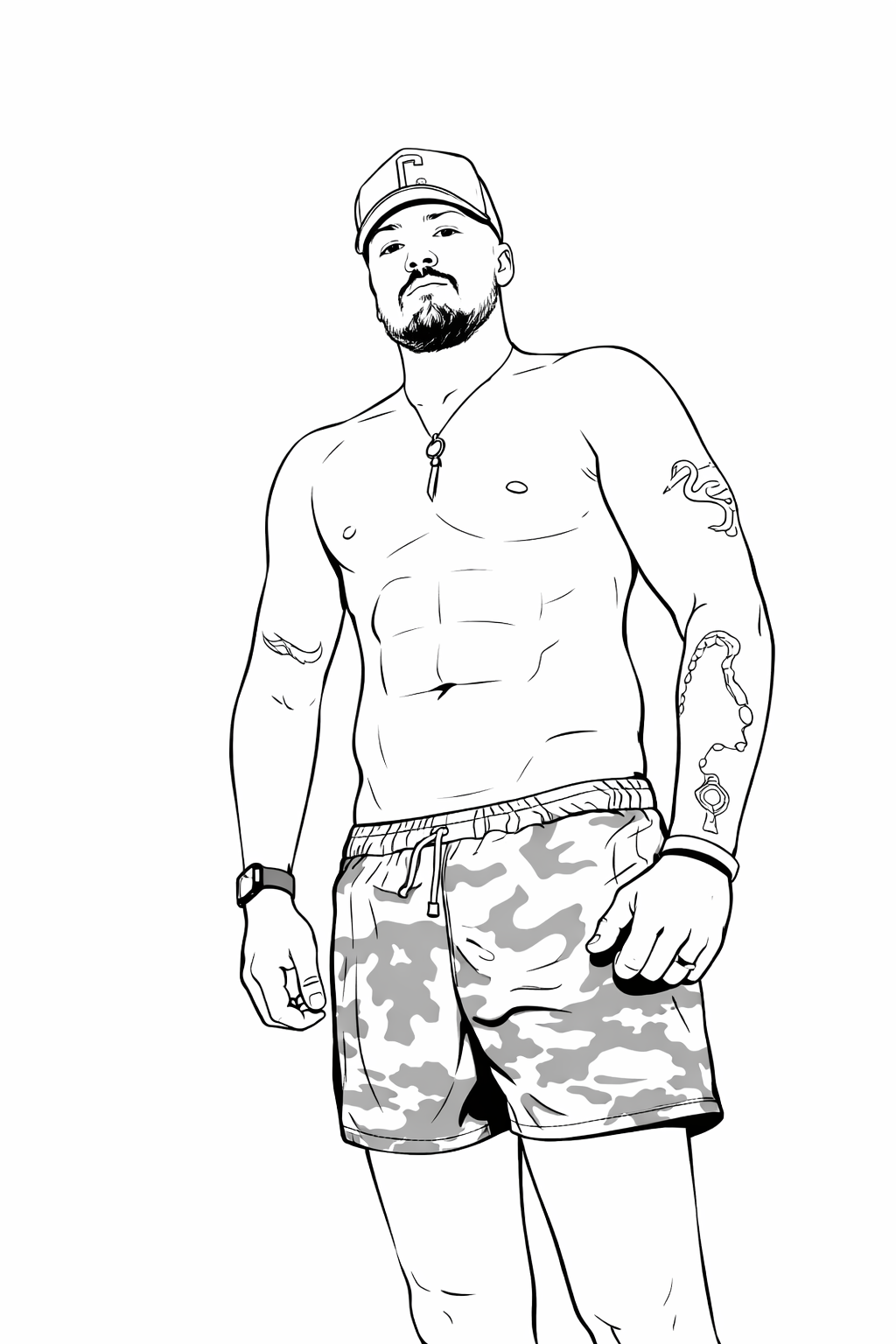 Line drawing of a shirtless man wearing camo shorts, a cap, and a necklace, with tattoos on his arms, a watch, and a bracelet.