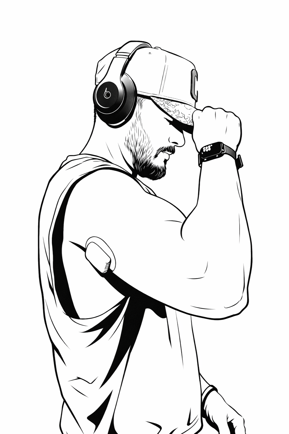 Line art illustration of a man wearing headphones, a baseball cap, and a smartwatch, adjusting his cap with his hand.