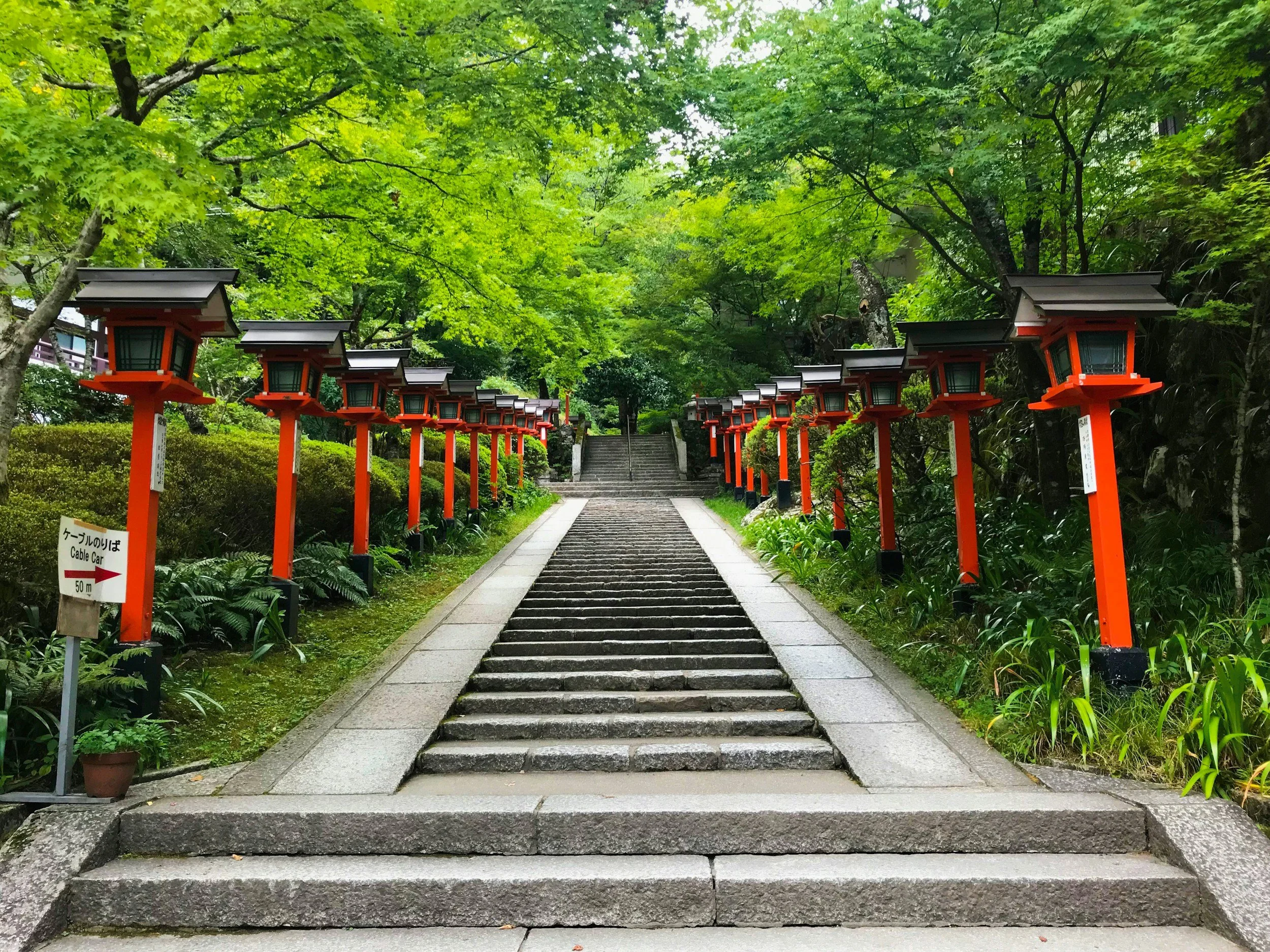 Stone steps leading up a pathway flanked by traditional red Japanese lanterns, surrounded by lush green trees and foliage in a garden or temple setting.