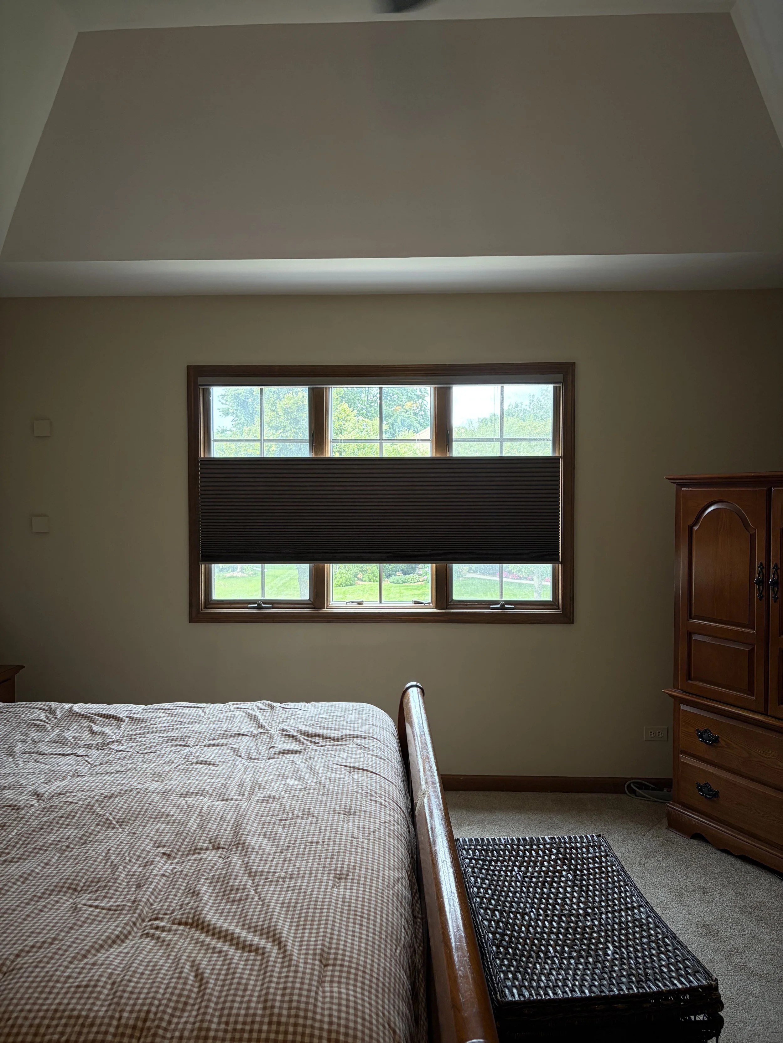 Motorized room darkening Hunter Douglas cellular shade in Naperville bedroom.