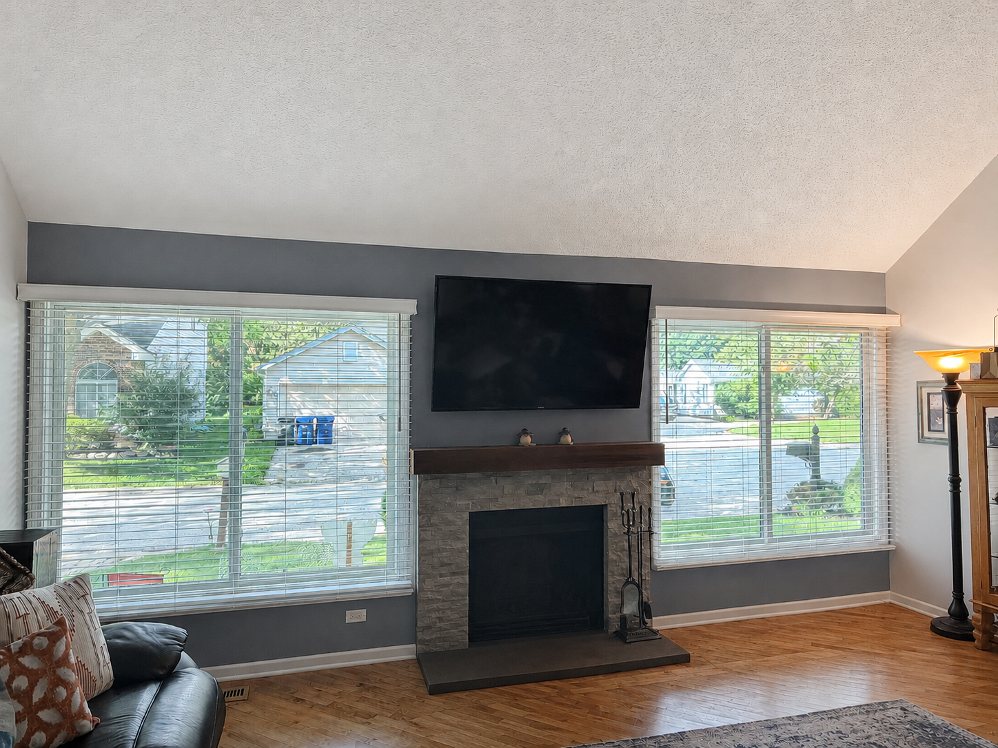 Lisle Front room faux wood blinds.