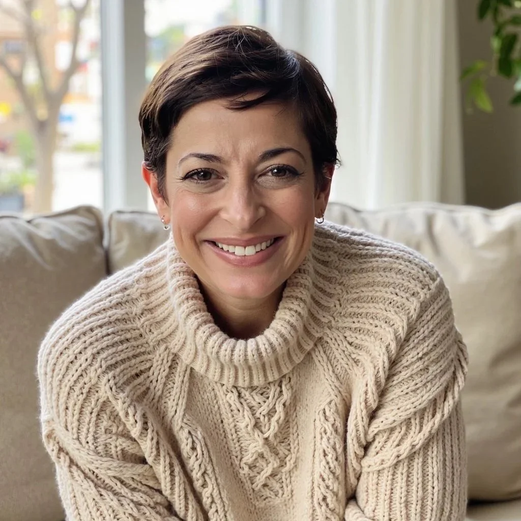 Headshot of Andrea Seitz, a woman with short hair sitting on a light cozy couch, smiling wearing a chunky cream sweater