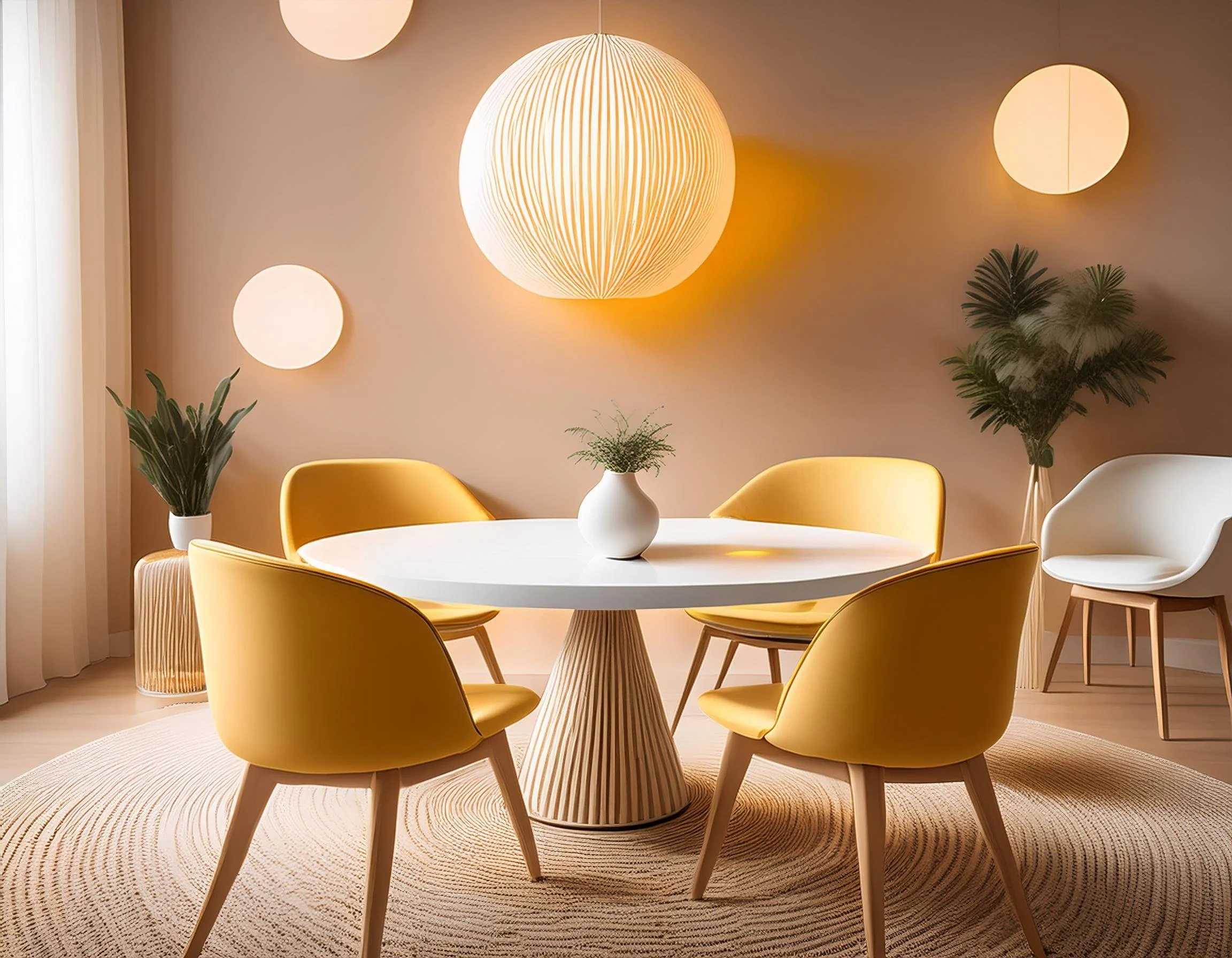 White round table with four yellow chairs surrounding it. Warm round lighting hanging over the table and on the back wall. Large green plants in the background.