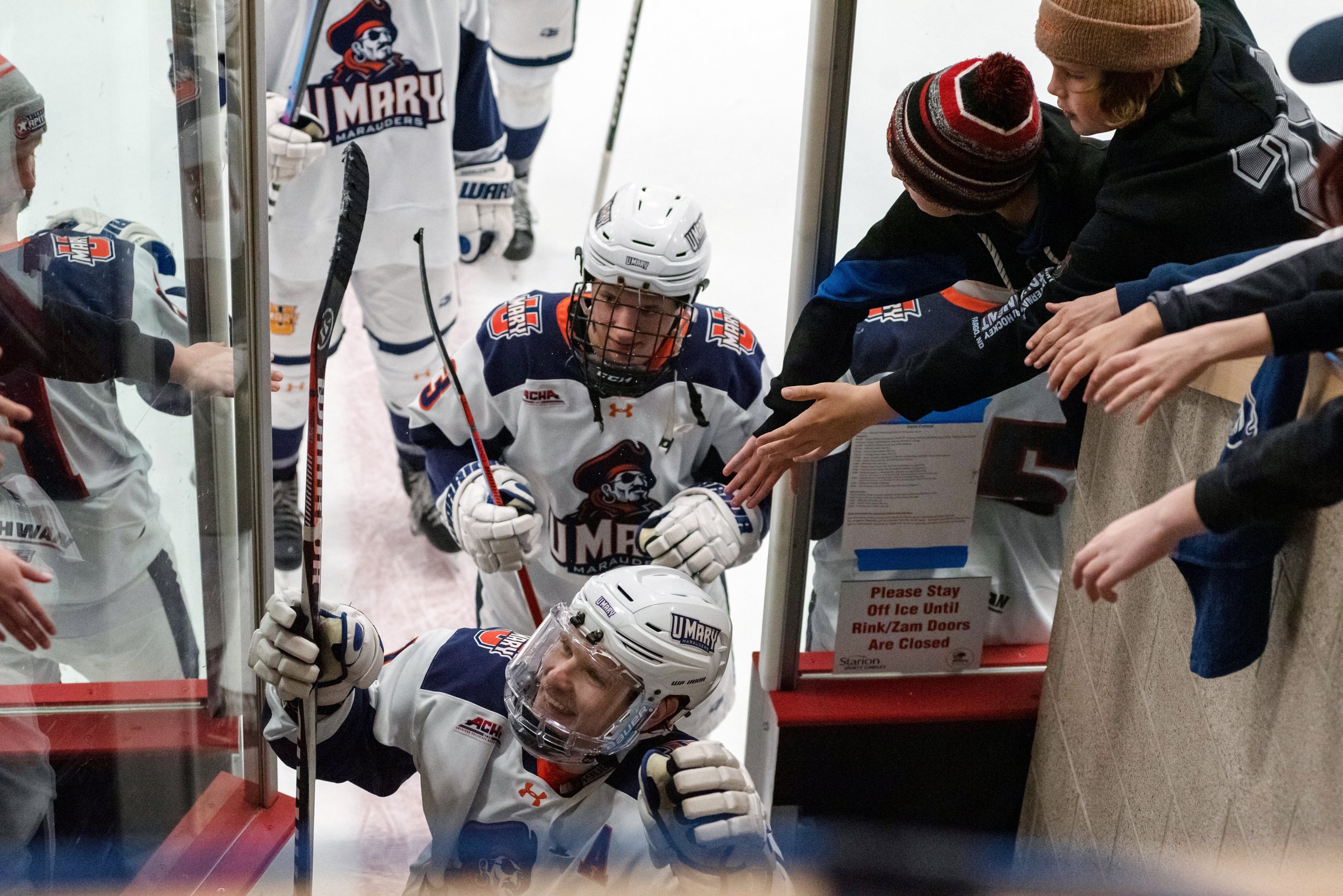 Ice hockey players celebrating in a rink, with one player holding a hockey stick and others reaching out to high-five fans through the glass.