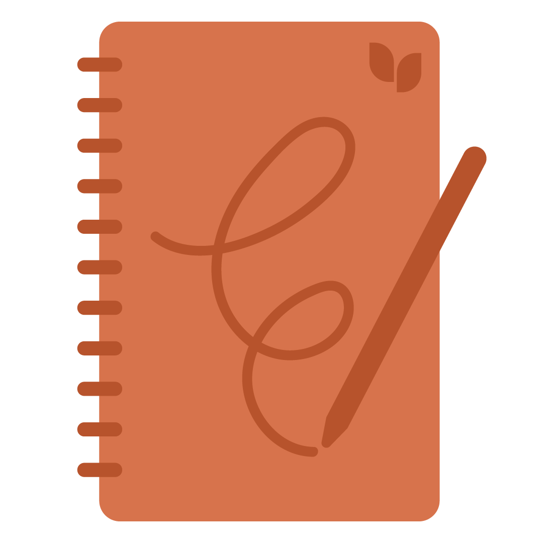 Illustration of a notebook with a pen, featuring a cursive letter and a small leaf design on the cover.