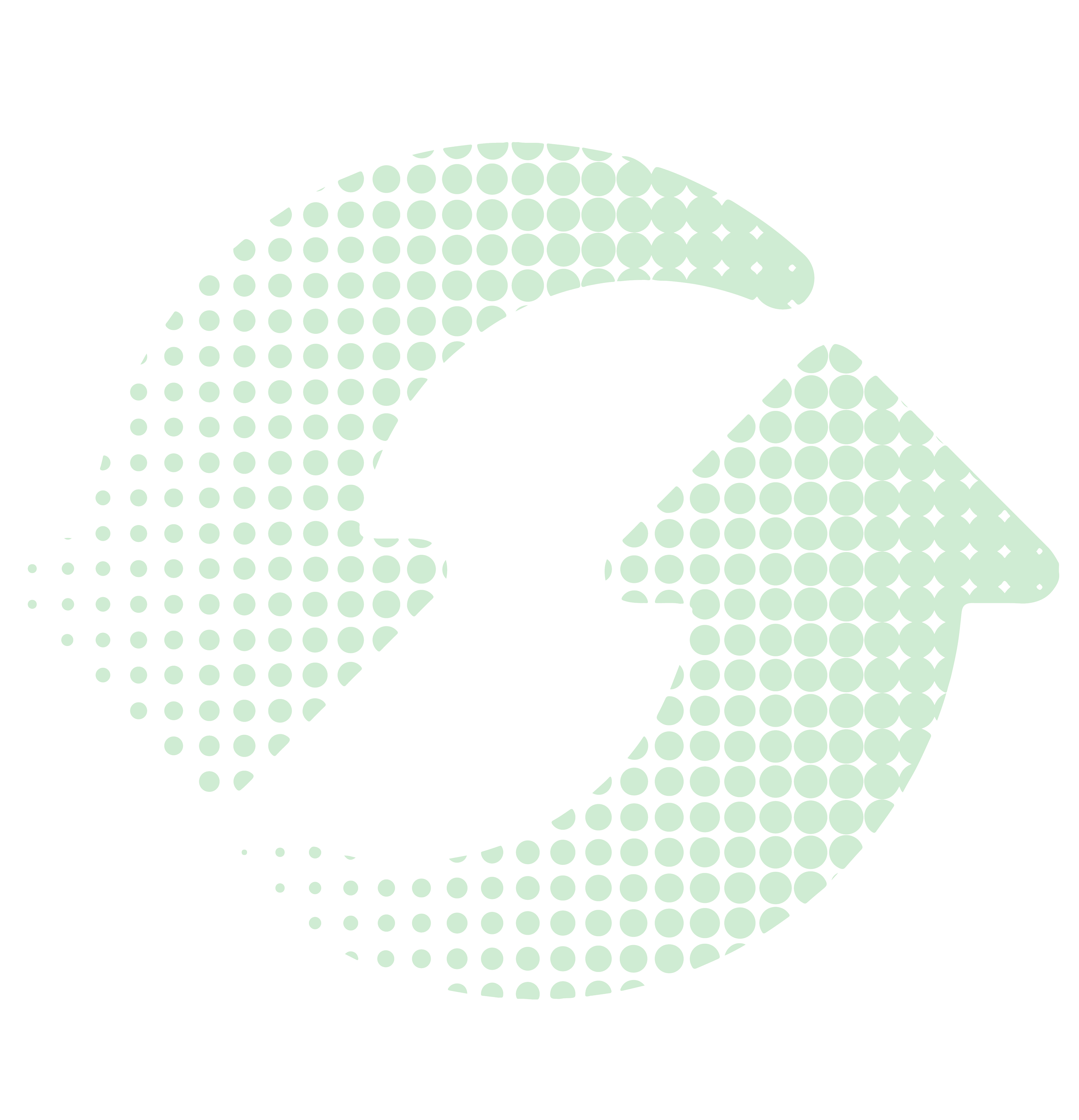 Green halftone recycling arrows in a circular pattern on a transparent background.